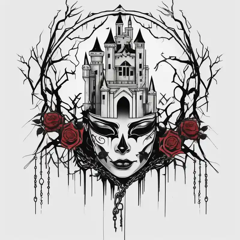 tattoo fool sleeve, dark gothic castle, tree roots break out of the chains, broken mask, girl, roses drake tattoos – Minimaliste, Couleurs vives